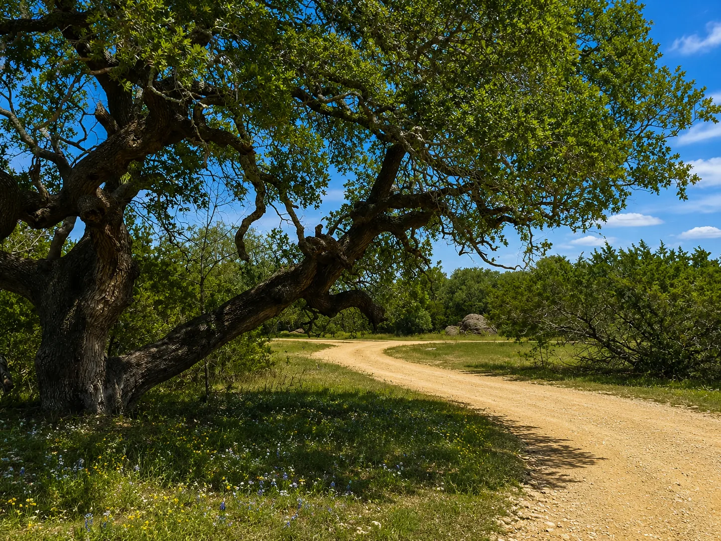 Large live oak arching over the gravel drive at Legacy Oaks
