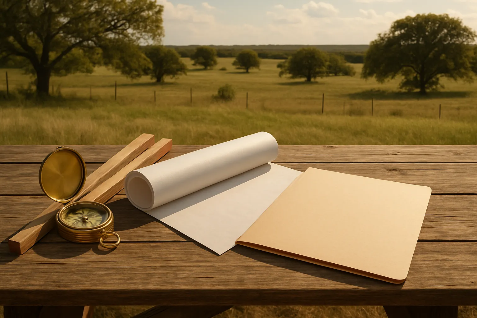 Rolled survey plan, brass compass, and a closing folder on a wooden table above open pasture