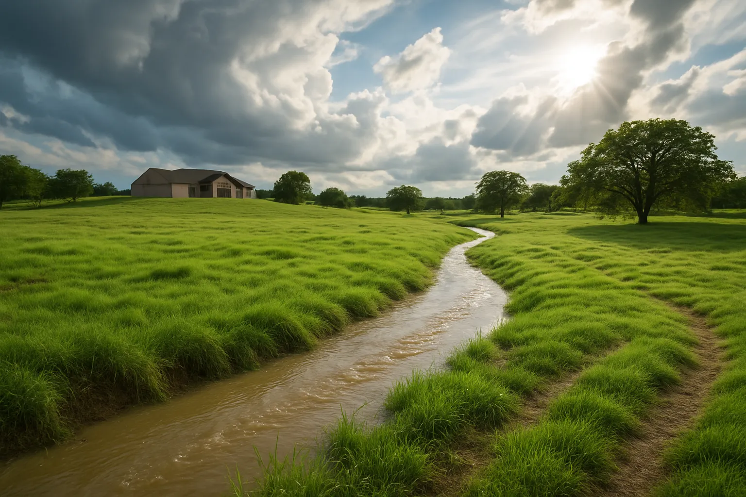 A creek winding through green pasture toward a house on the rise as storm clouds break