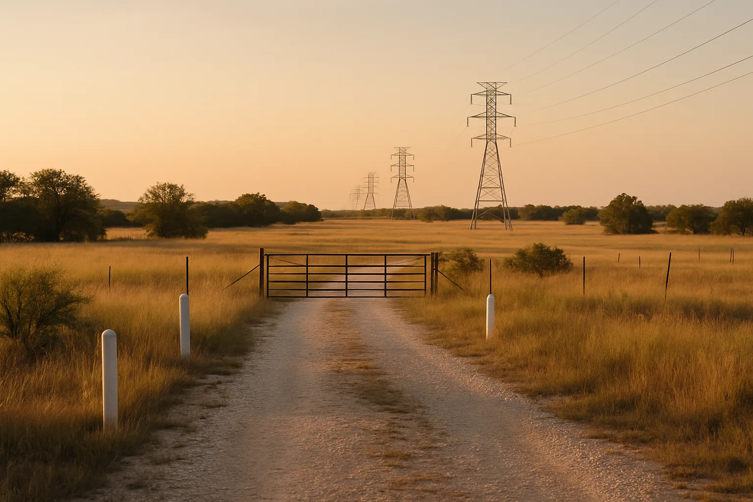 Gated caliche drive at sunset with transmission towers standing on the horizon