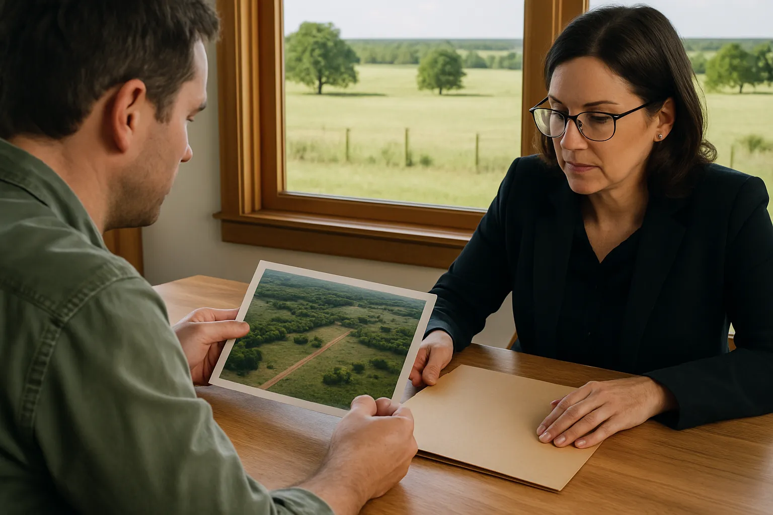 A buyer and a lender at a closing table reviewing an aerial photo of a tract