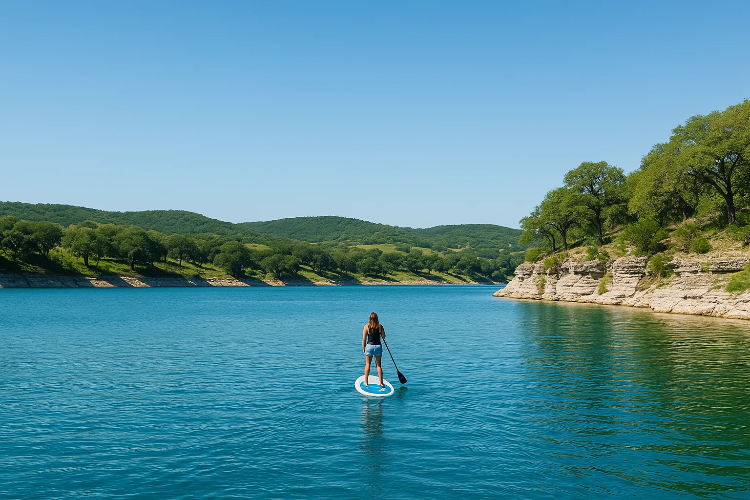 A paddleboarder on bright blue Highland Lakes water below limestone bluffs and live oaks near Legacy Oaks in Burnet County, Texas