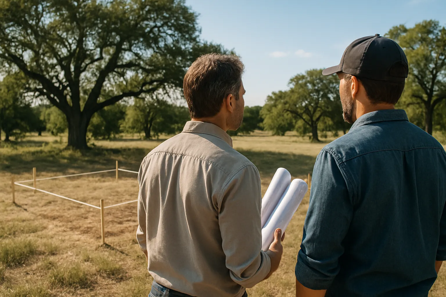 Two people holding rolled building plans study a staked house footprint under live oaks