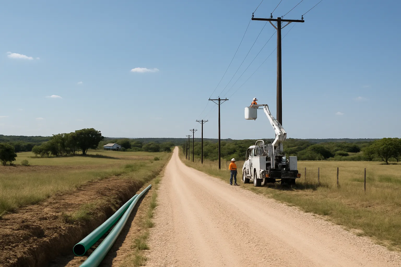 A bucket truck crew working a power pole along a caliche road with conduit staged in a trench