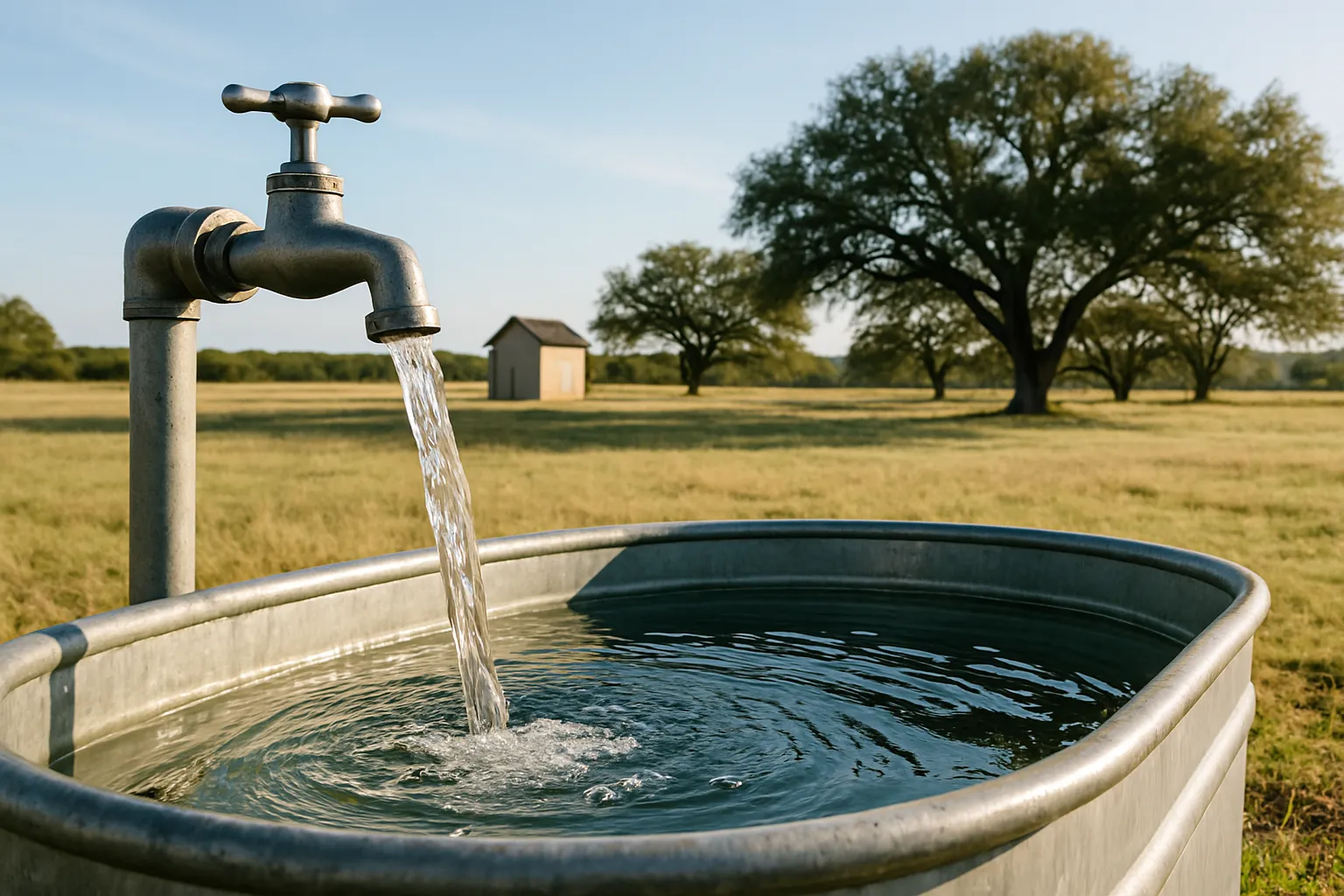 Water running from a tall spigot into a galvanized stock tank with pasture and a shed behind