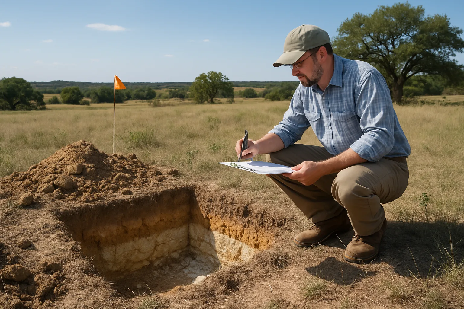 Inspector kneeling with a clipboard beside an open soil test pit, an orange survey flag behind him
