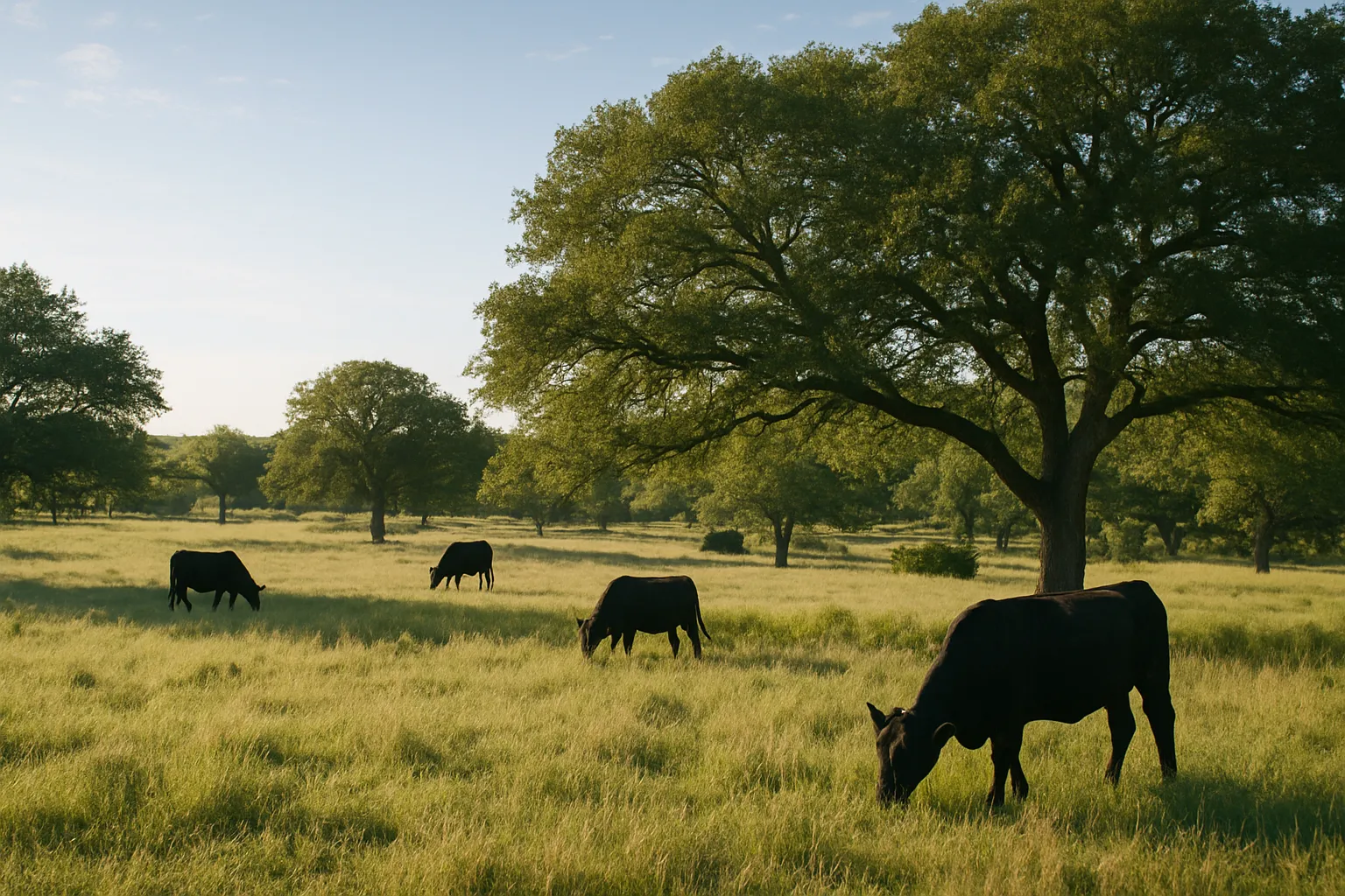 Black cattle grazing green pasture beneath mature live oaks in Central Texas