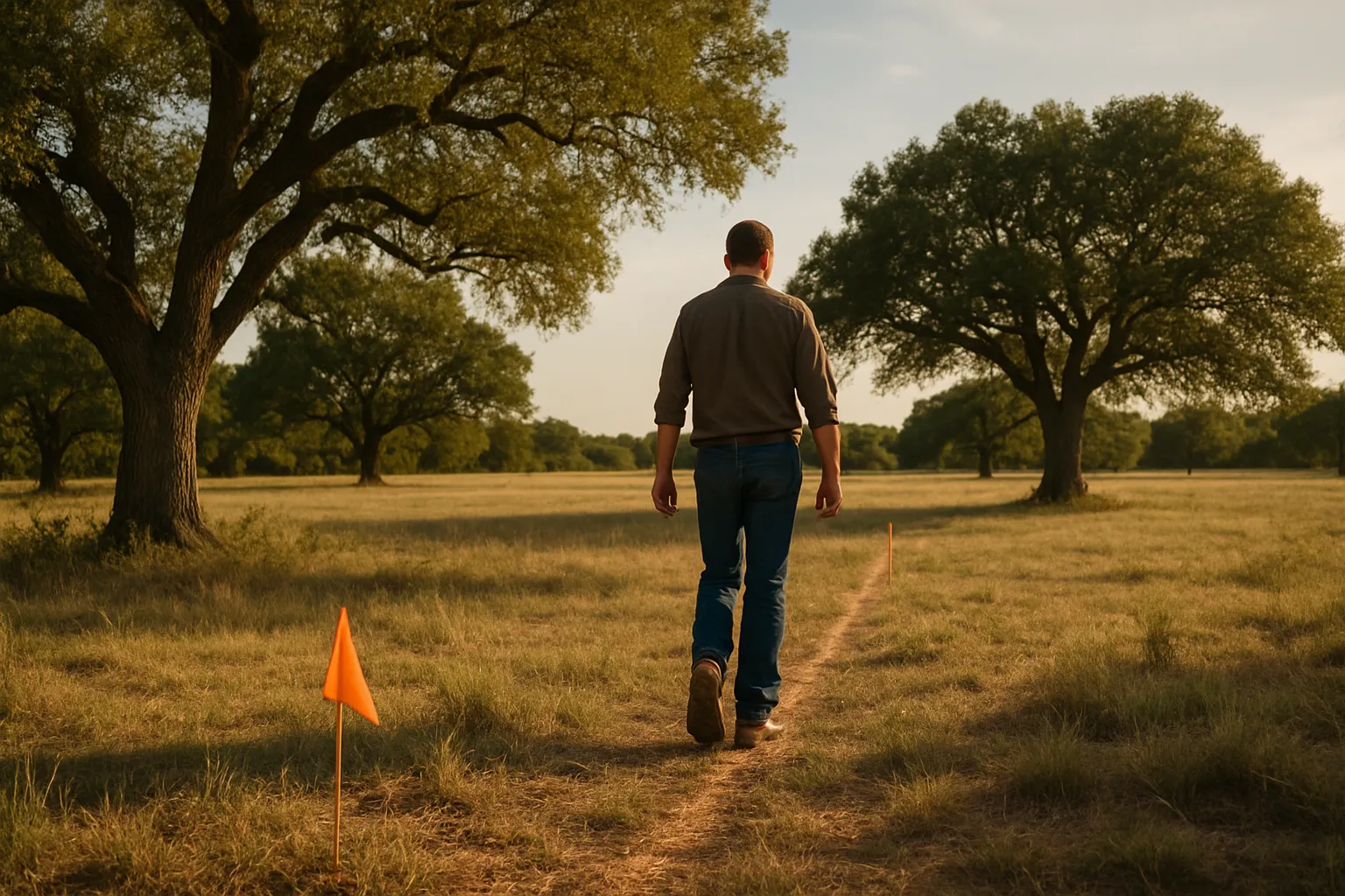 Buyer walking a mowed path past an orange survey flag between live oaks on a Central Texas tract